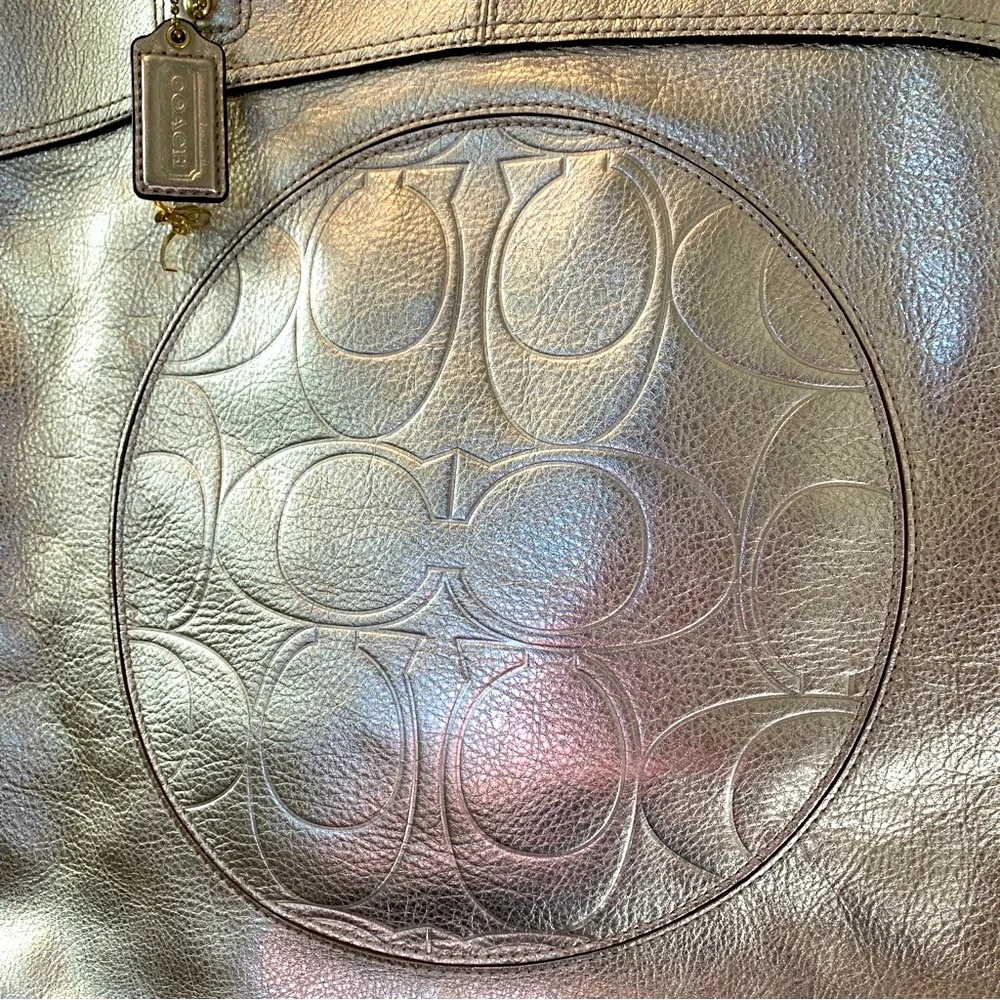 COACH Laura Leather Signature Print Tote Shoulder Bag Metallic Gold - Picture 4 of 16